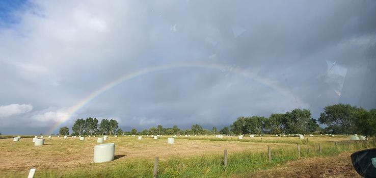 Kaiaua still-life of rainbows and haybales