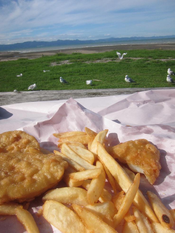 Kaiaua fish and chips on the beach